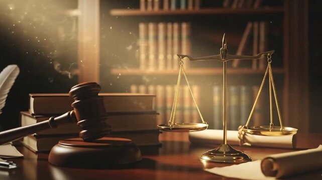 Judge's gavel and scales of justice in a law office, concept of law and right.