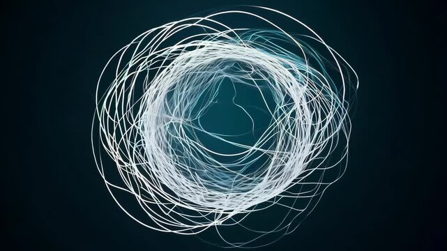 Abstract light trails forming a circular pattern with increasing complexity, showcasing dynamic movement and depth against a dark background in a visually engaging sequence