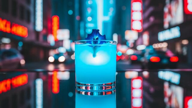 Butterfly pea flower cocktail with glowing blue drink and bokeh city lights for evening beverage menu
