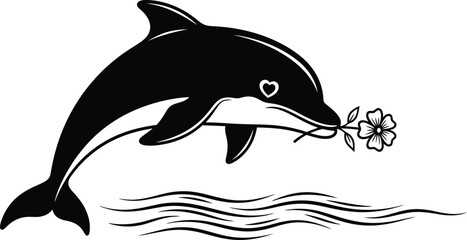 Jumping dolphin with flower and heart over ocean waves. Vector illustration © Shawon's Creation