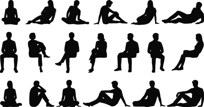Black vector silhouette set of diverse people sitting on chairs and floor in various relaxed poses for architectural visualization interior design and lifestyle branding,
