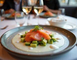Couple dines at upscale restaurant. Salmon with avocado dish served, white wine in glasses. People enjoy fine dining experience with tasty meal and good company.