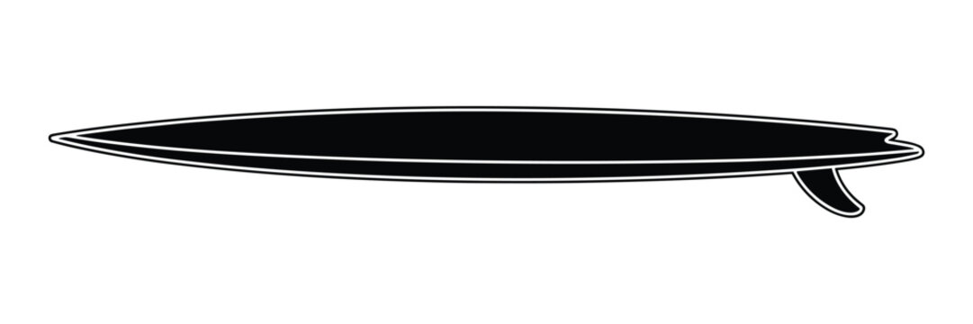 Surfboard vector profile silhouette showing side view of sleek aquatic water sports