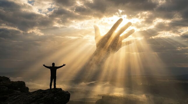 Small man sees God's hand in clouds seeking salvation from death concept. A person embraces hope under a dramatic celestial light.