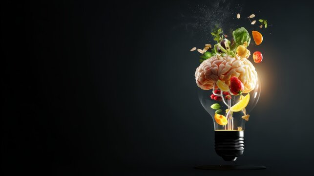 light bulb with flying food ingredients and a human brain inside