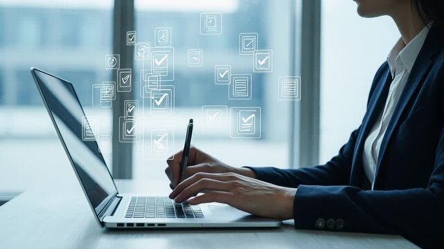 Profesional trabajando en port&aacute;til con checklist digital flotante. Concepto de productividad, gesti&oacute;n de tareas y cumplimiento de objetivos empresariales.