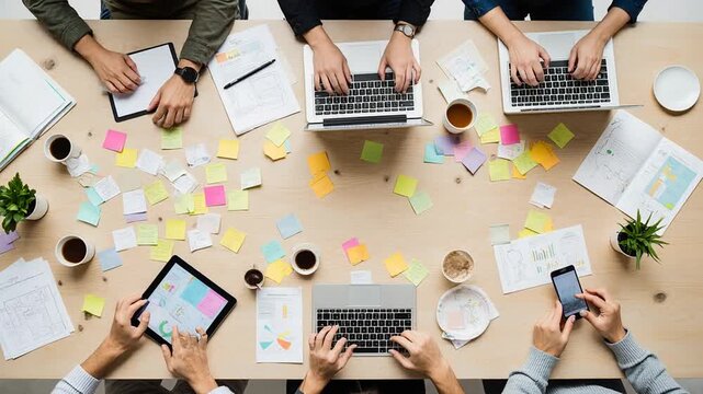 Equipo de profesionales trabajando en mesa de oficina con dispositivos y documentos financieros. Concepto de colaboraci&oacute;n, estrategia y productividad empresarial.