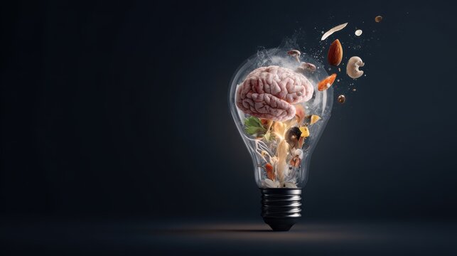 light bulb with flying food ingredients and a human brain inside