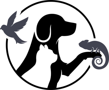 
Black and white style illustration of a dog, bird, gecko, cat inside a circle