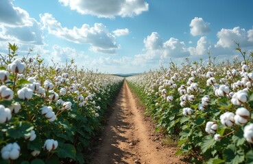 Vast cotton field under bright sky. Rows of white cotton bolls grow on green plants. A dirt path leads through the farmland towards the horizon. Sunshine illuminates the scene.