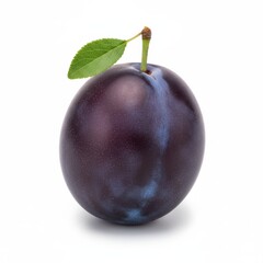 Single fresh ripe blue plum fruit with green leaf and stem isolated on white background