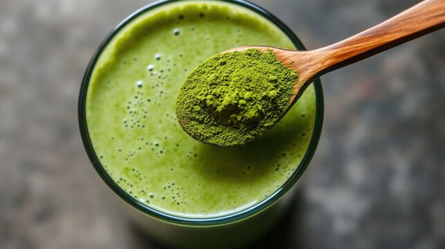 chlorella. A glass of green smoothie with chlorella powder sprinkled on top. bar promotions, beverage menus, designed for food & beverage menus and cafe branding, used by it administrators.