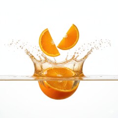 Orange slices splashing into water with liquid droplets, close up studio shot