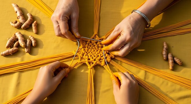 Hands intricately weaving a yellow macrame pattern on a wooden surface