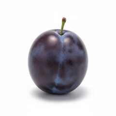 Single ripe plum with green stem on white background, close up studio shot