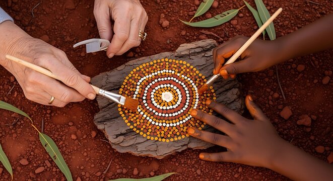 Hands painting traditional aboriginal dot art on a wooden surface