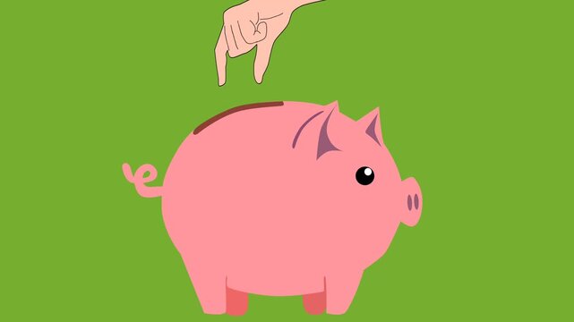 2D vector Animation of Hand Dropping Gold Coin into Pink Piggy Bank motion graphics