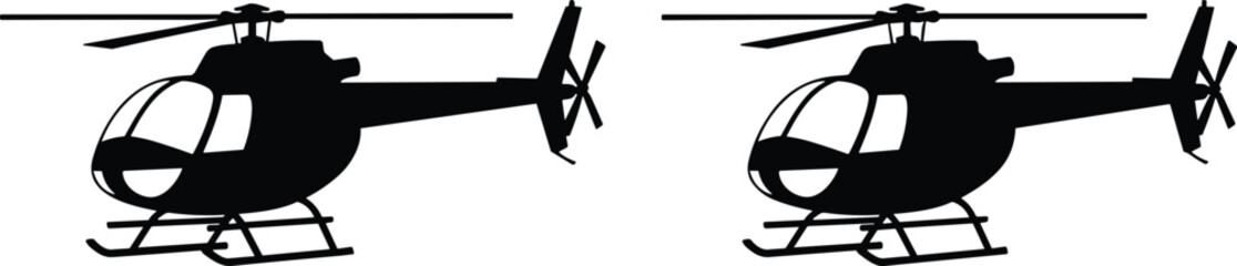 Helicopter silhouette icon set illustration showing military and civilian chopper aircraft isolated on white background minimal black vector design collection © Md