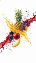 Fresh fruits with colorful juice splashes isolated on white background, healthy eating and healthy lifestyle concept