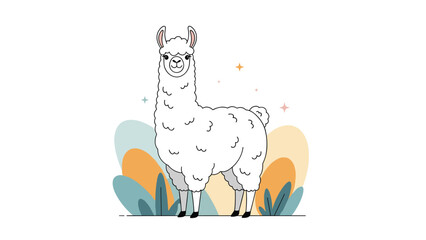 Naklejka premium Fluffy white llama standing in a magical garden with colorful plants and stars in a cute stylized vector character illustration.