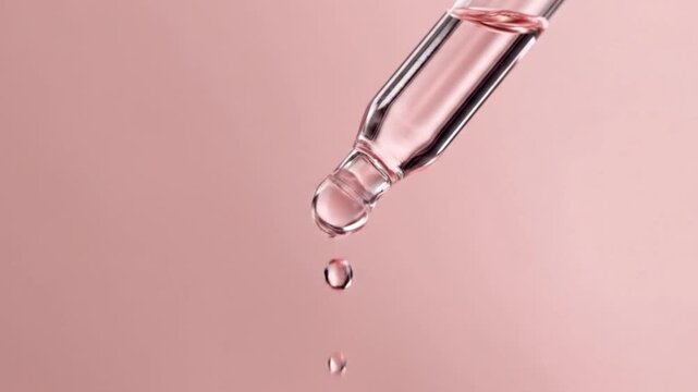 A mesmerizing close-up, macro shot captures a single, translucent drop of clear pink liquid detaching from the tip of a scientific glass dropper or pipette. The fluid glistens as it gracefully falls a