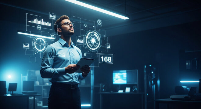 A man in a blue shirt stands in a dimly lit office with futuristic interface graphics and computer screens around him looking up at data.