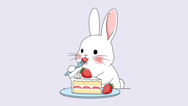 Adorable white rabbit sitting at a table eating a delicious strawberry sponge cake with a fork on a light purple background.