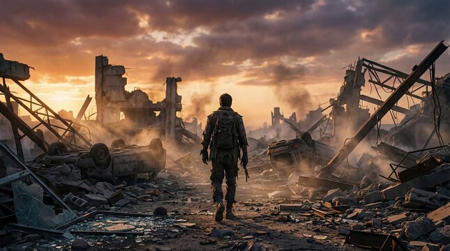 Man walking through battlefield with scattered building debris landscape concept. A soldier walks through a devastated urban landscape at sunset.