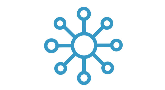 Blue network icon with a central node and radiating connections on white background