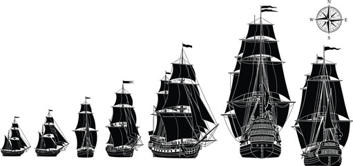 Historic sailing ships silhouette illustration showing classic tall ships in perspective sizes with compass rose, black vector nautical design for maritime history themes © Md