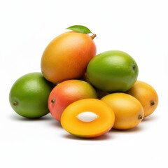 Collection of ripe mangoes and green limes piled together with half mango showing pit healthy colorful fruit variety