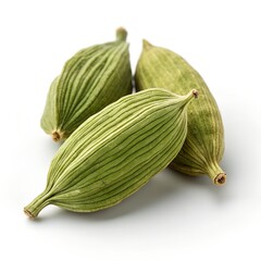 Group of green cardamom pods isolated on white background providing aromatic spice for culinary use and herbal