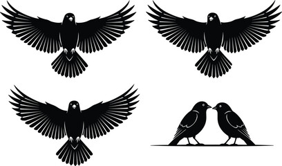 Naklejka premium Set of crow silhouette icons with flying black birds spread wings and raven couple perching cad drawing flat vector illustration medical icon