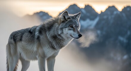Fototapeta premium Majestic Grey Wolf Standing in Snowy Mountain Landscape at Dawn