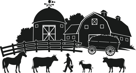 Farm scene silhouette with barn stable farmhouse silo and farmer walking with livestock animals including horse cows goat cad drawing flat vector illustration © Riya