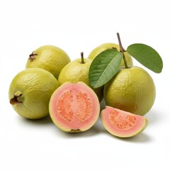 Fresh pink guava fruits whole and sliced showing seeds with green leaves on white background tropical vitamins