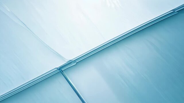 Layers of translucent blue plastic sheets overlapping each other, creating a smooth texture and reflecting light in a bright, airy environment