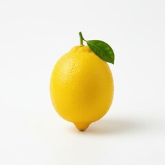 Single fresh whole lemon with a green leaf isolated on white background, showcasing citrus fruit