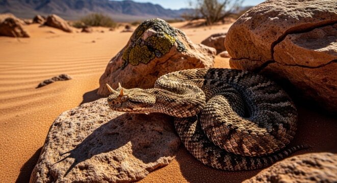 Majestic Horned Viper Coiled on Desert Sand Near Rock in Harsh Sunlight