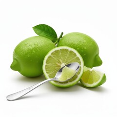 Group of fresh green limes whole and halved with spoon on white background water droplets