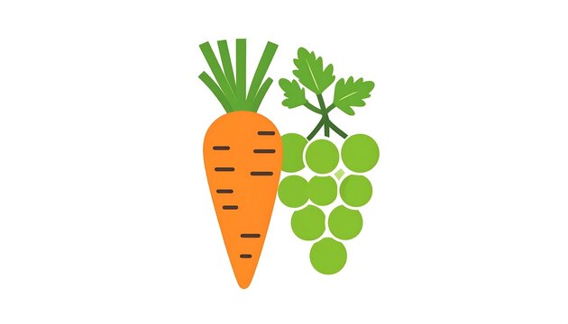 Illustration of a carrot and a bunch of grapes presented on a clean white background. Both items are depicted in a flat, minimalist style