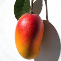 Single ripe red and yellow mango with a stem and leaf casting a shadow on a white background