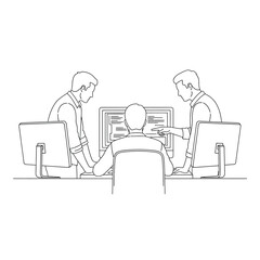 Three businessmen meeting at modern office discussing project with computer screens