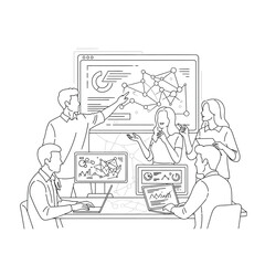 Obraz premium Business people analyzing data on giant screens and laptops in meeting room