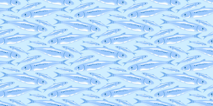 Sardines seamless pattern. Coastal, minimalist style print design swimming fishes on pastel blue background