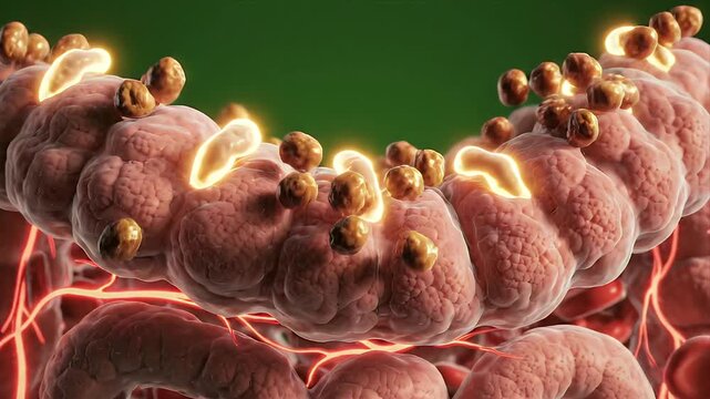 Cinematic CGI Exploration of Human Large Intestine Anatomy with Illuminated Blood Vessels and Microscopic Flora on