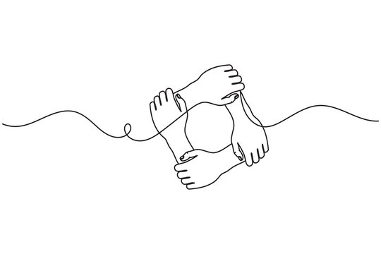 Teamwork hands forming circle single line art minimal icon illustration