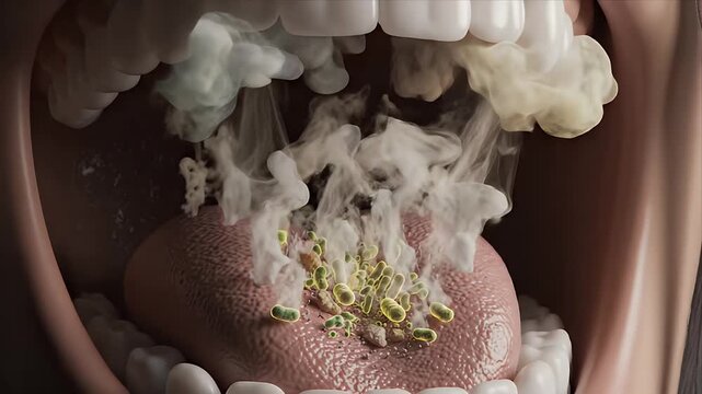 Close up 3D CGI animation of tongue surface with bacteria and smoke representing halitosis mechanism