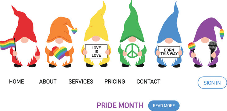 Pride Month Website Header with Rainbow Gnome Characters, LGBTQ Equality Symbols and Navigation UI Layout, Inclusive Celebration Banner Vector Illustration