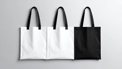 Three Tote Bags - Two White and One Black, Against a Gray Wall.